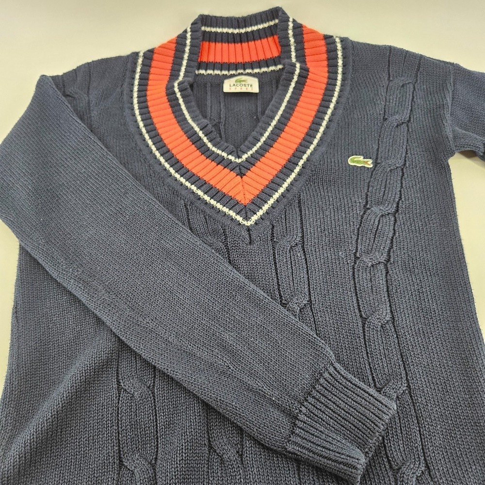 Lacoste Sport Sweater Womens 36 (18x25) Small Navy Blue Cable Knit V-Neck Tennis